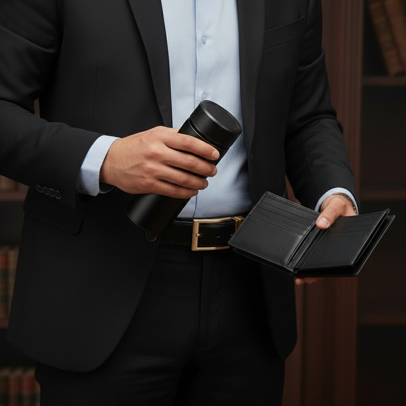 پکیج هدیه سازمانی (فلاسک دماسنج دار  ست کیف و کمربند جعبه لاکچری)